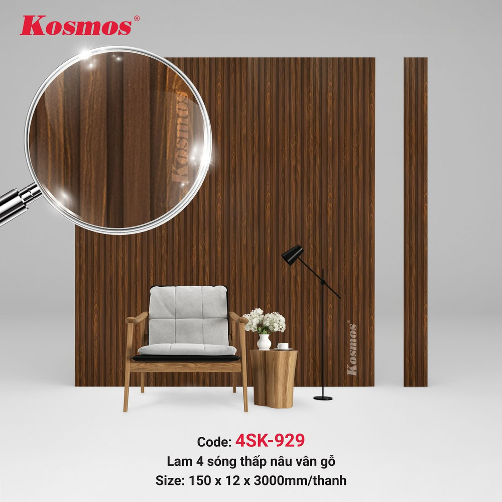 Đặc điểm nổi bật của tấm ốp lam 4 sóng thấp SPC mã 4SK-929 là bề mặt nâu vân gỗ