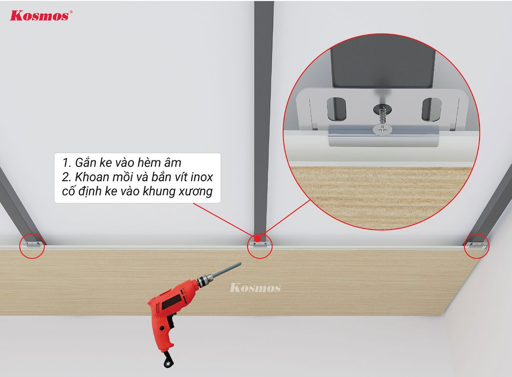 Gắn ke chuyên dụng vào hèm âm, cố định vào thanh xương bằng vít inox