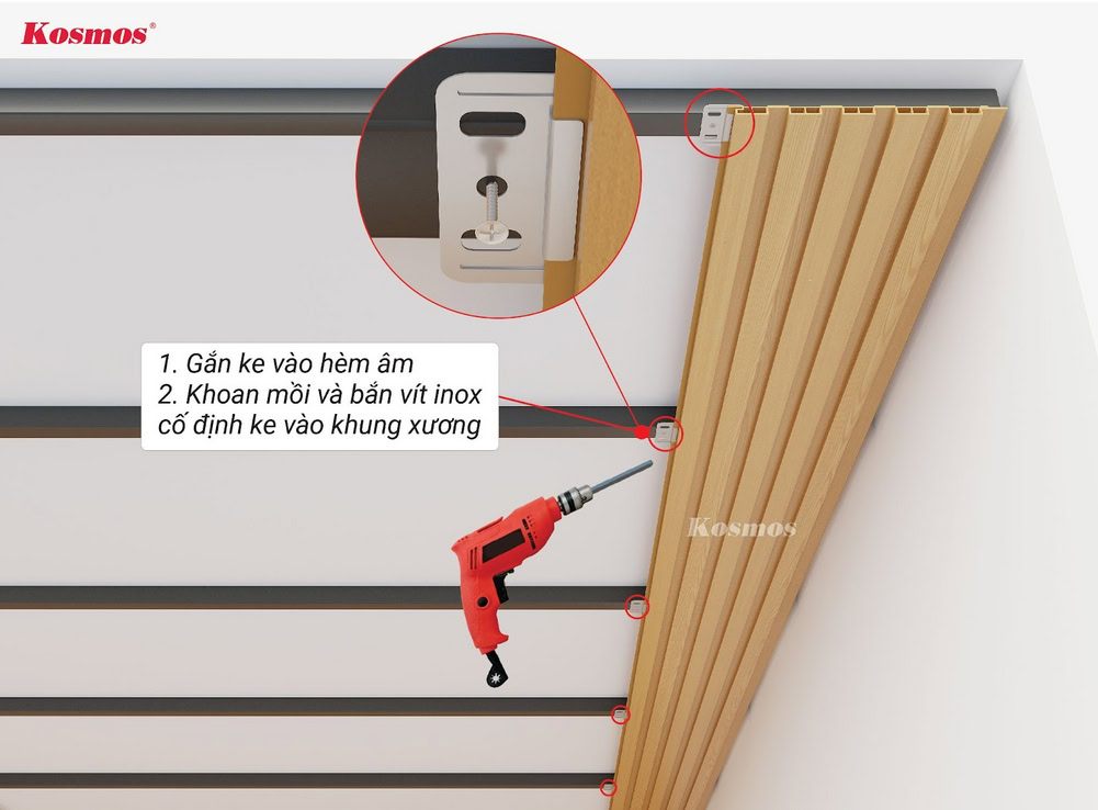 Gắn ke chuyên dụng vào hèm âm, cố định vào thanh xương bằng vít inox