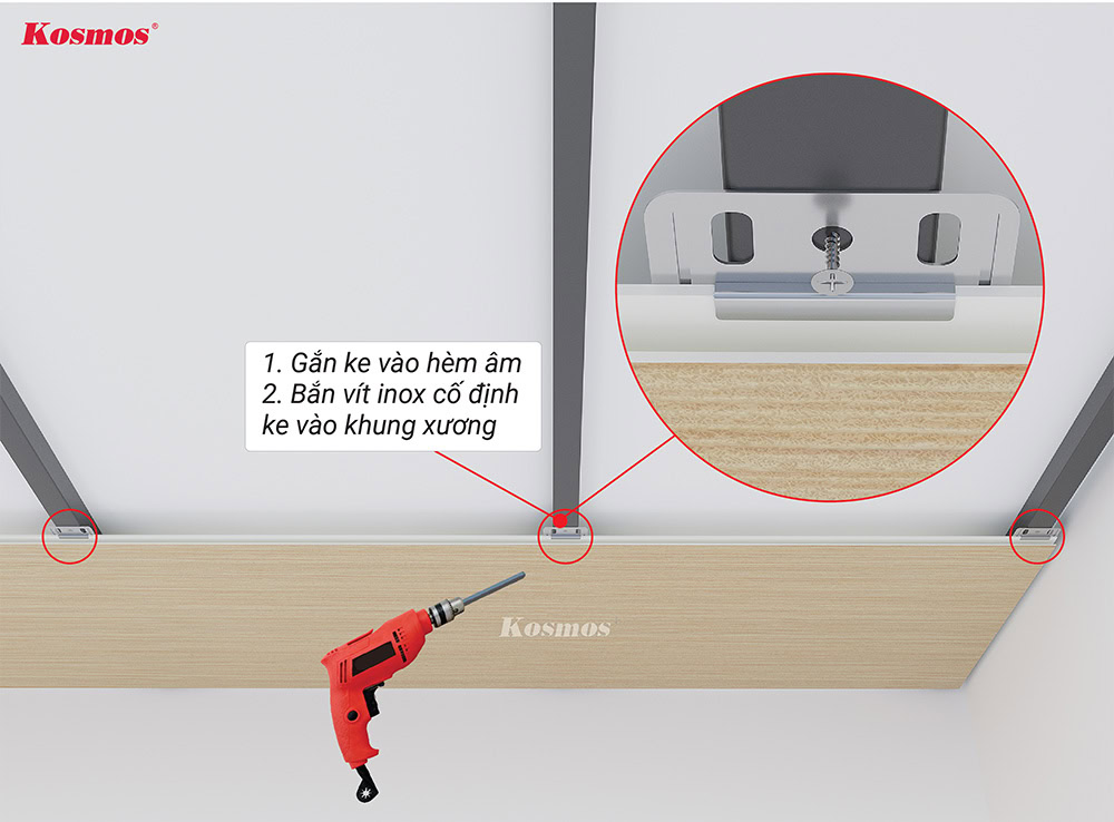 Gắn ke chuyên dụng vào hèm âm, cố định vào thanh xương bằng vít inox Gắn ke chuyên dụng vào hèm âm, cố định vào thanh xương bằng vít inox