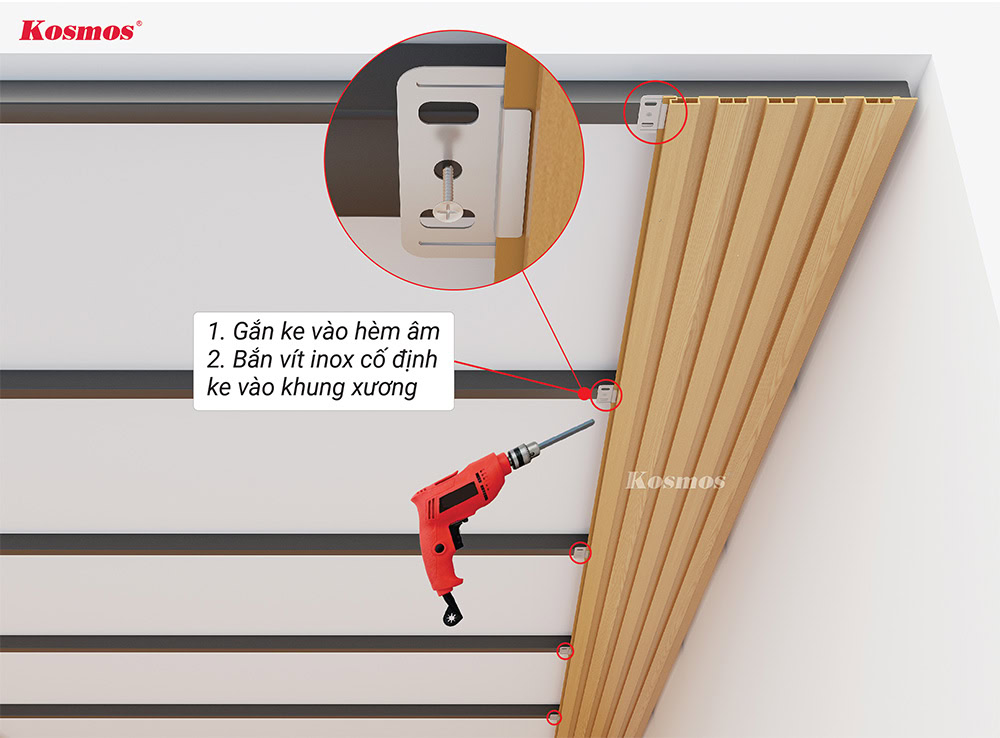 Gắn ke chuyên dụng vào hèm âm, cố định vào thanh xương bằng vít inox