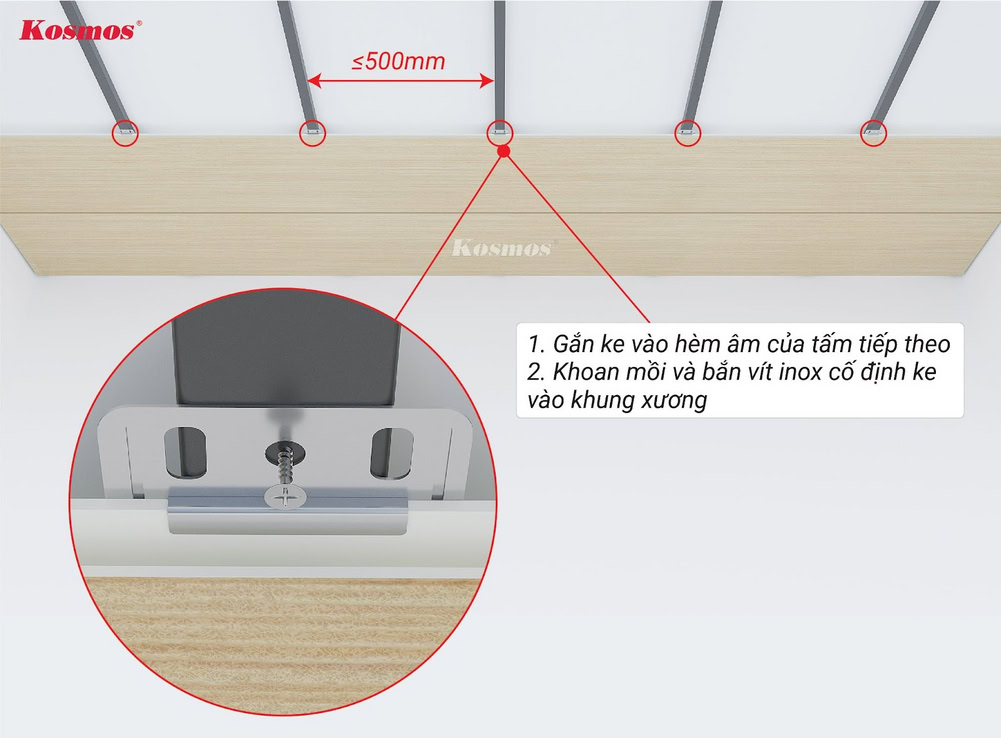 Gắn ke vào hèm âm của tấm ốp thứ 2 và cố định bằng vít inox