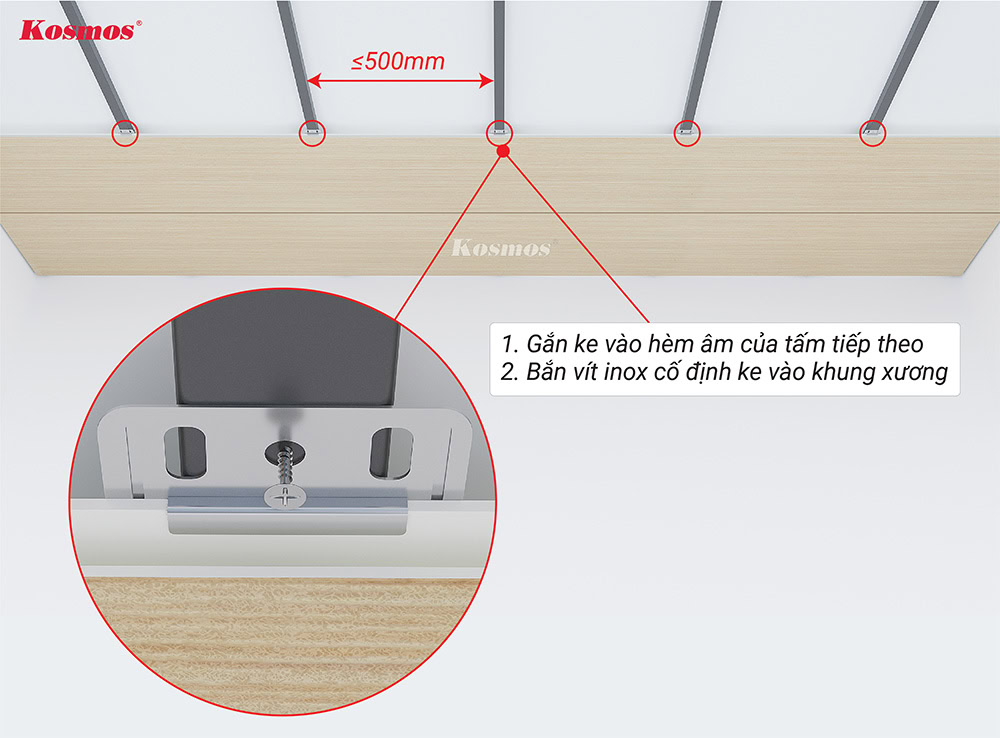 Gắn ke vào hèm âm của tấm ốp thứ 2 và cố định bằng vít inox Gắn ke vào hèm âm của tấm ốp thứ 2 và cố định bằng vít inox