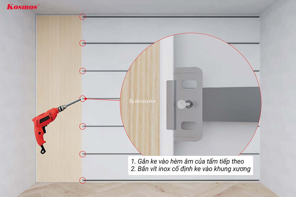 Gắn ke vào hèm âm của tấm ốp thứ 2 và cố định bằng vít inox Gắn ke vào hèm âm của tấm ốp thứ 2 và cố định bằng vít inox