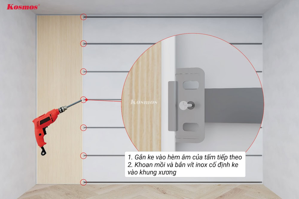 Gắn ke vào hèm âm của tấm ốp thứ 2 và cố định bằng vít inox