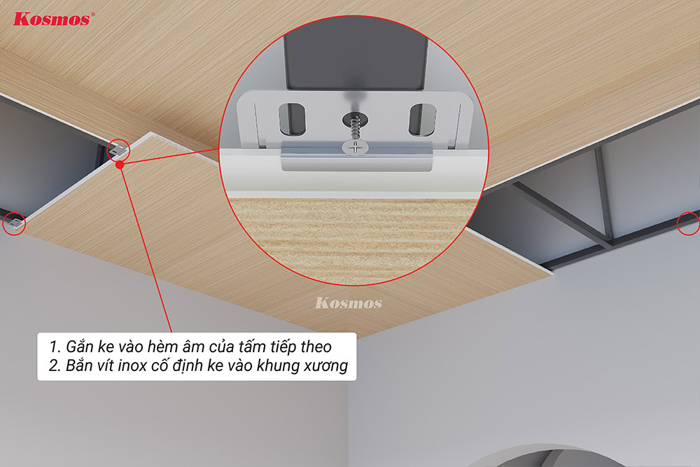 Gắn ke vào hèm âm của tấm ốp và cố định bằng vít inox lên thanh xương ngay tại lỗ ke