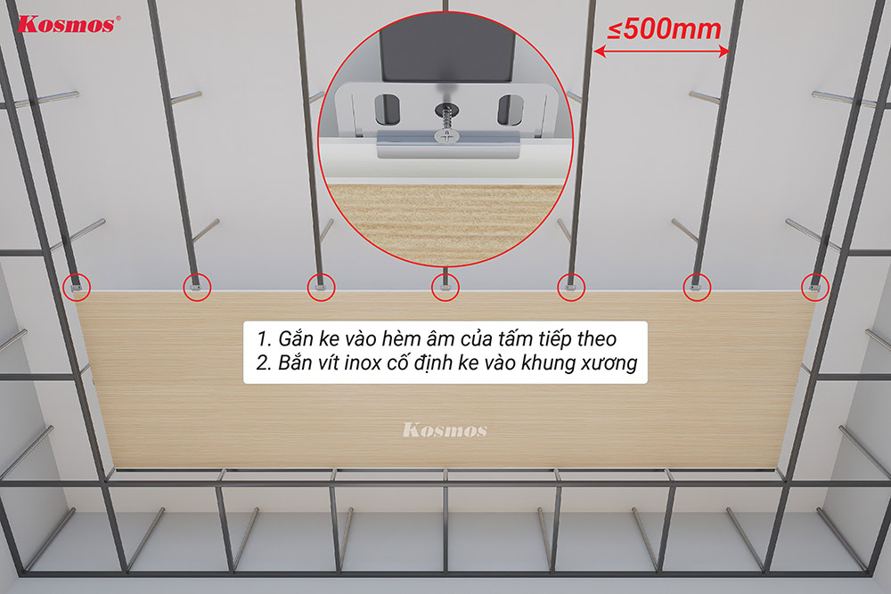 Gắn ke vào hèm âm của tấm ốp thứ 2 và cố định bằng vít inox