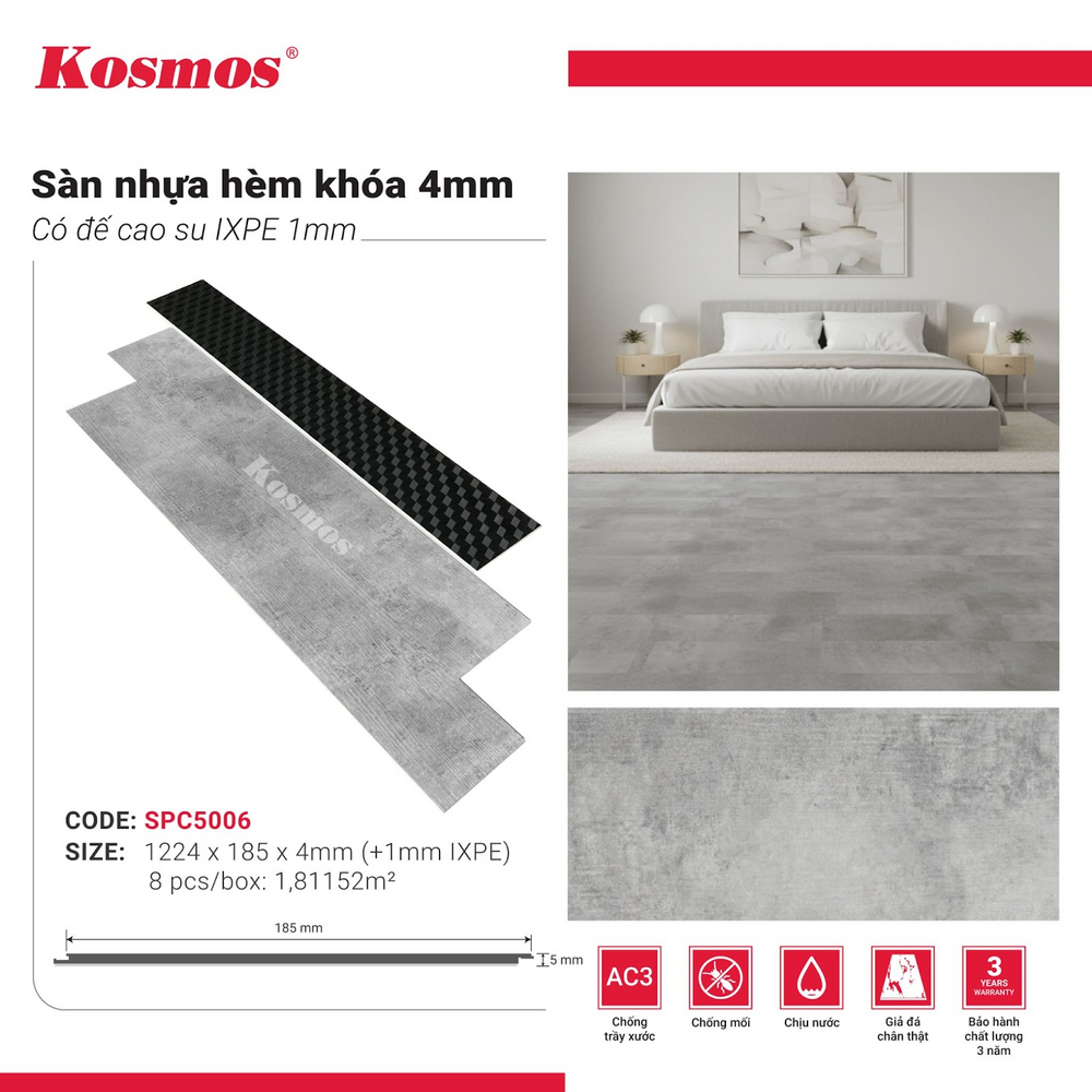 Hình ứng dụng sàn nhựa giả đá xám xi măng SPC5006 Kosmos