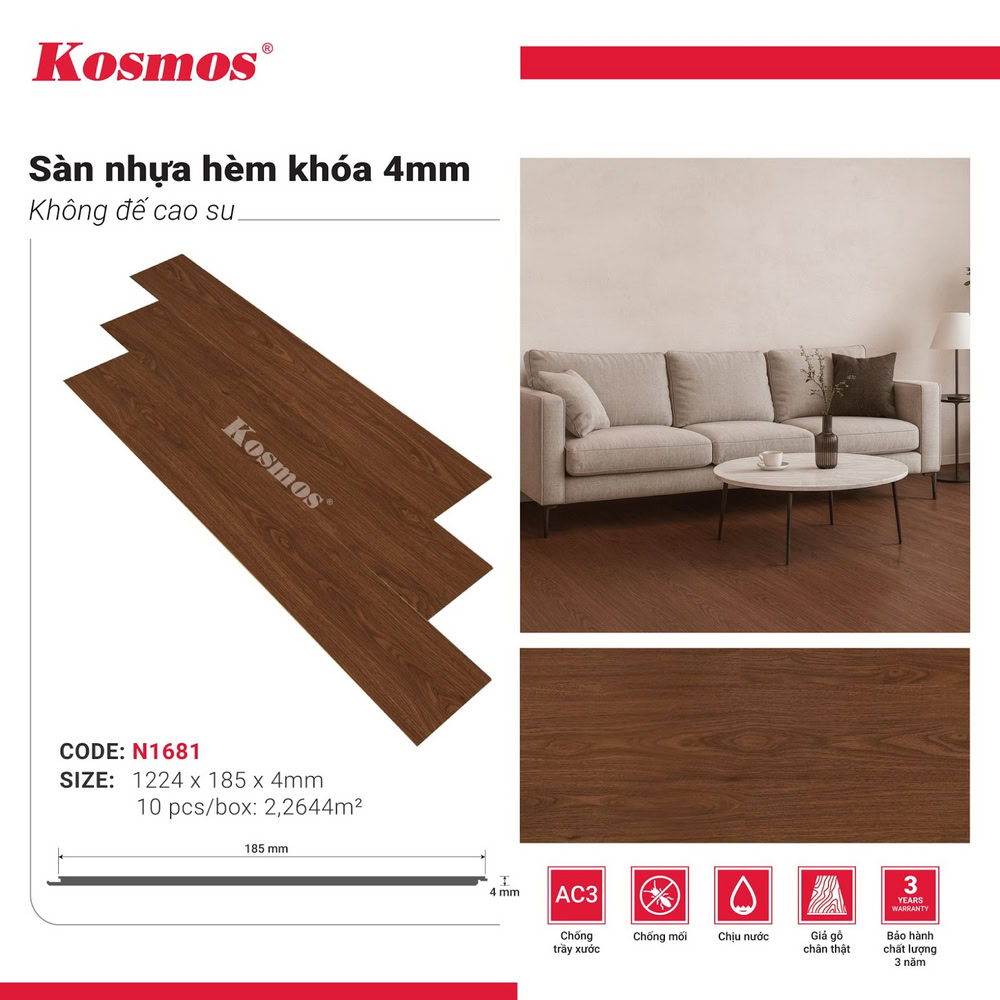 Hình ứng dụng sàn nhựa giả gỗ nâu đỏ N1681 Kosmos
