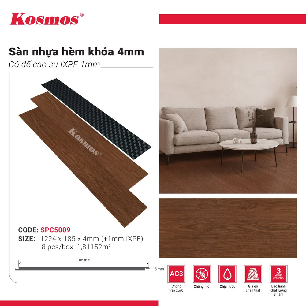 Hình ứng dụng sàn nhựa giả gỗ nâu đỏ SPC5009 Kosmos
