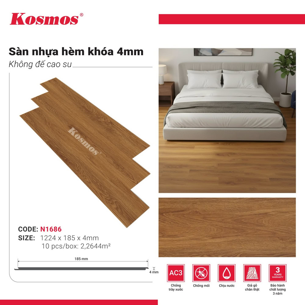 Hình ứng dụng sàn nhựa giả gỗ nâu vàng N1686 Kosmos
