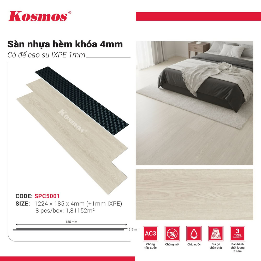 Hình ứng dụng sàn nhựa giả gỗ trắng ngà SPC5001 Kosmos