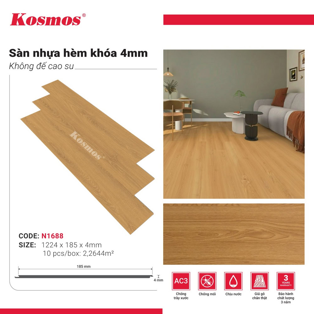 Hình ứng dụng sàn nhựa giả gỗ vàng sồi đậm N1688 Kosmos