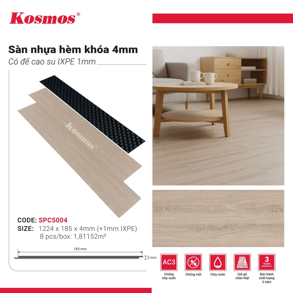 Hình ứng dụng sàn nhựa giả gỗ xám kem SPC5004 Kosmos