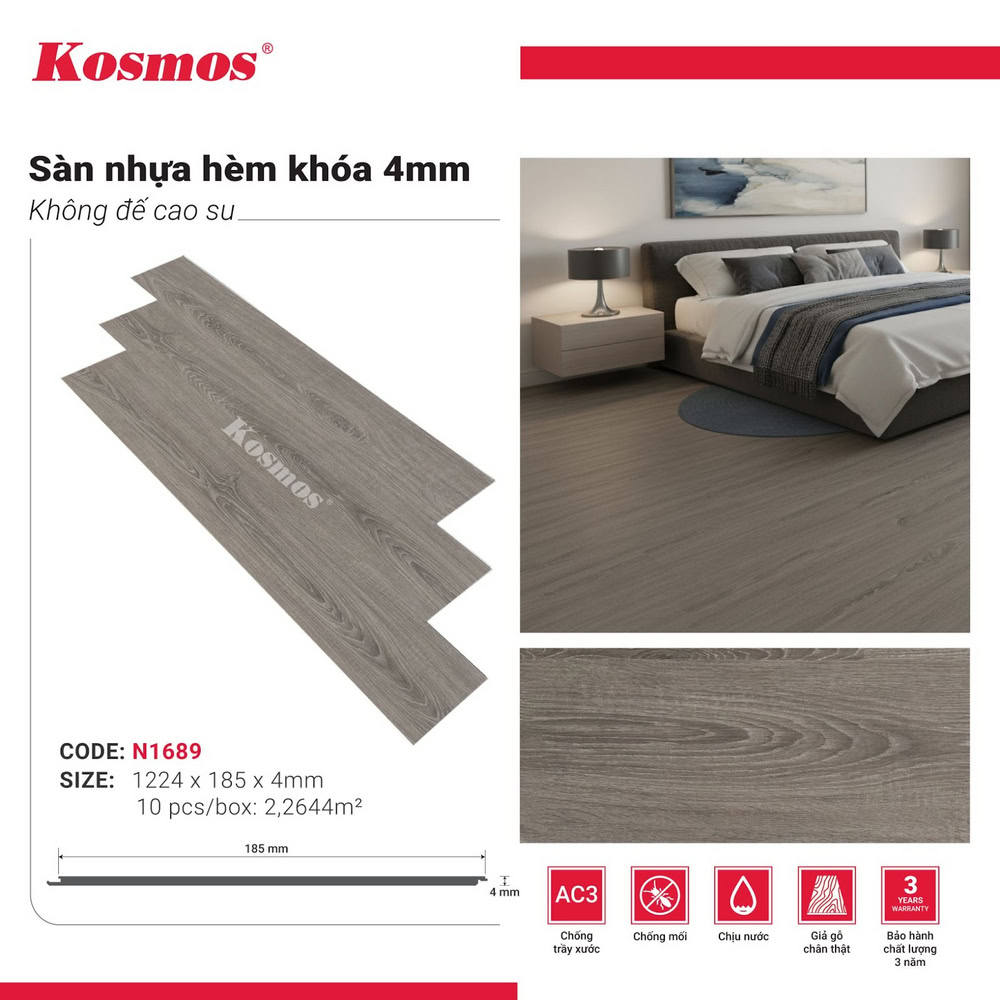 Hình ứng dụng sàn nhựa giả gỗ xám N1689 Kosmos