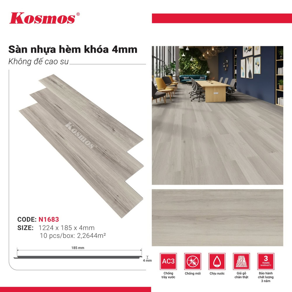 Hình ứng dụng sàn nhựa giả gỗ xám trắng N1683 Kosmos