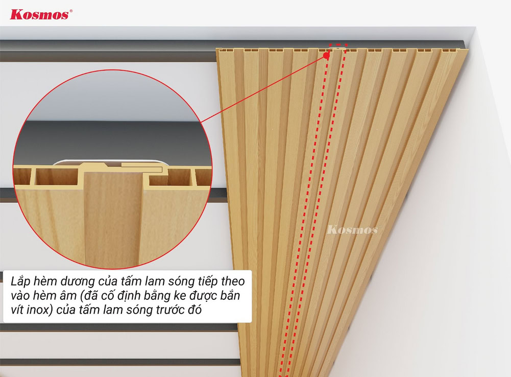 Lắp hèm dương của tấm ốp lam sóng tiếp theo vào hèm âm