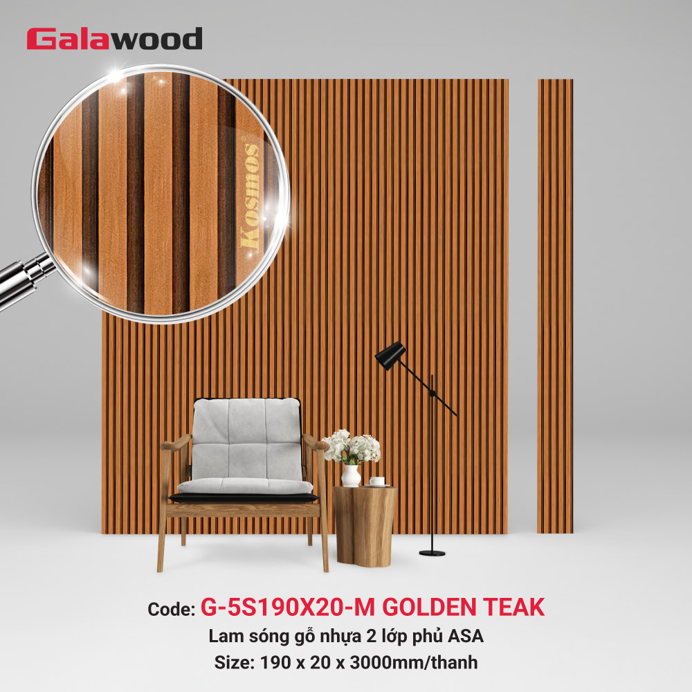 Lam gỗ nhựa 5 sóng ASA G-5S190X20-M – Golden Teak nổi bật với màu vàng cam đậm, tái hiện vẻ đẹp ấm áp của gỗ tự nhiên