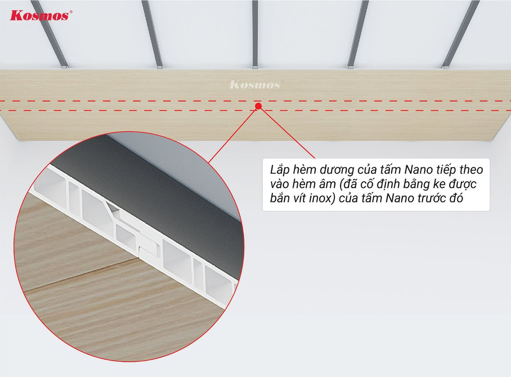 Lắp hèm dương của tấm ốp thứ 2 vào hèm âm đã bắn vít của tấm đầu tiên