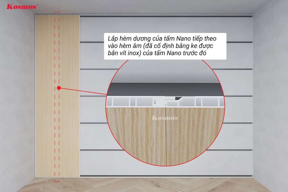 Lắp hèm dương của tấm ốp thứ 2 vào hèm âm đã bắn vít của tấm đầu tiên