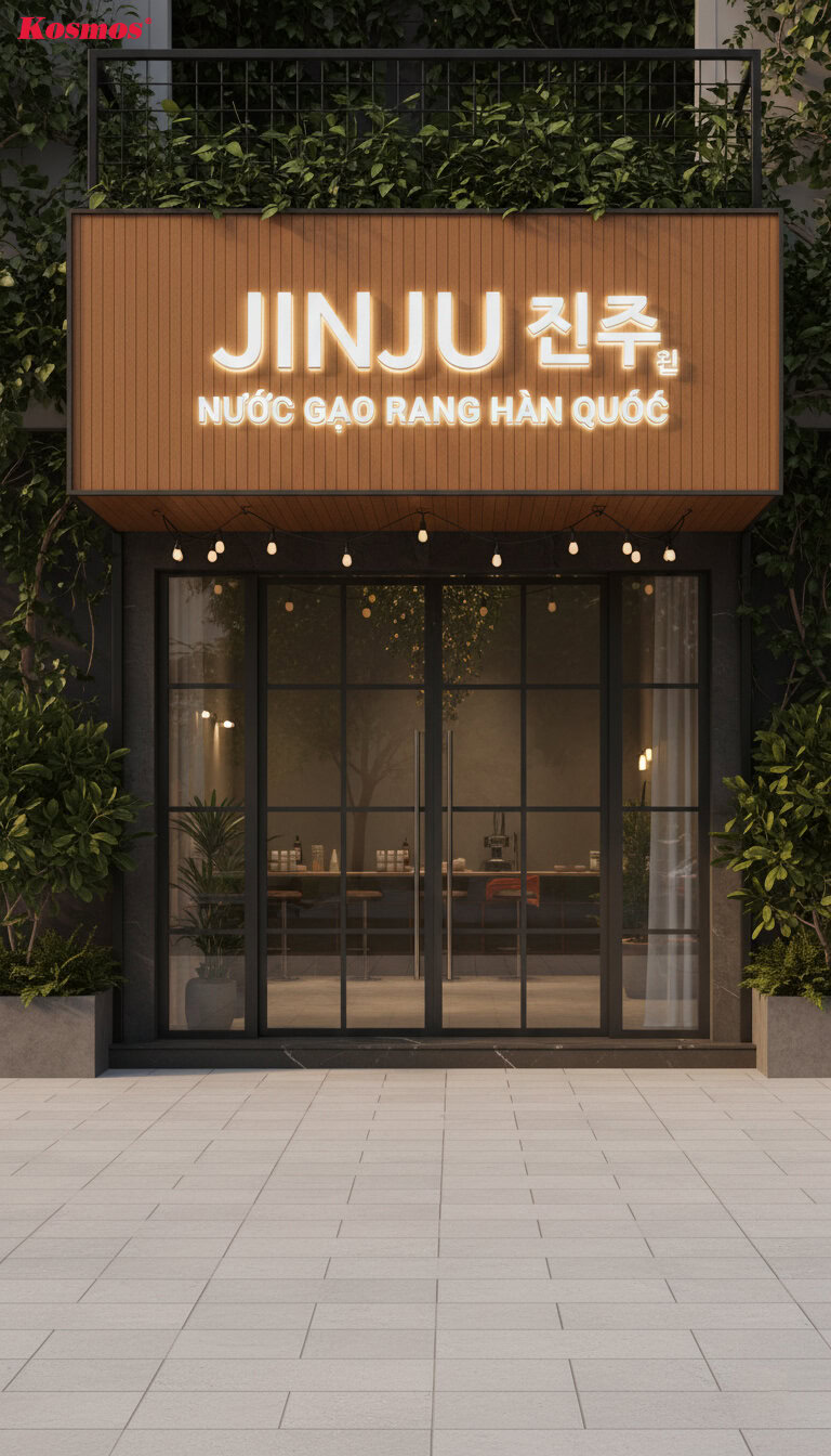 Mẫu gỗ nhựa ốp bảng hiệu đẹp kết hợp chữ nổi inox