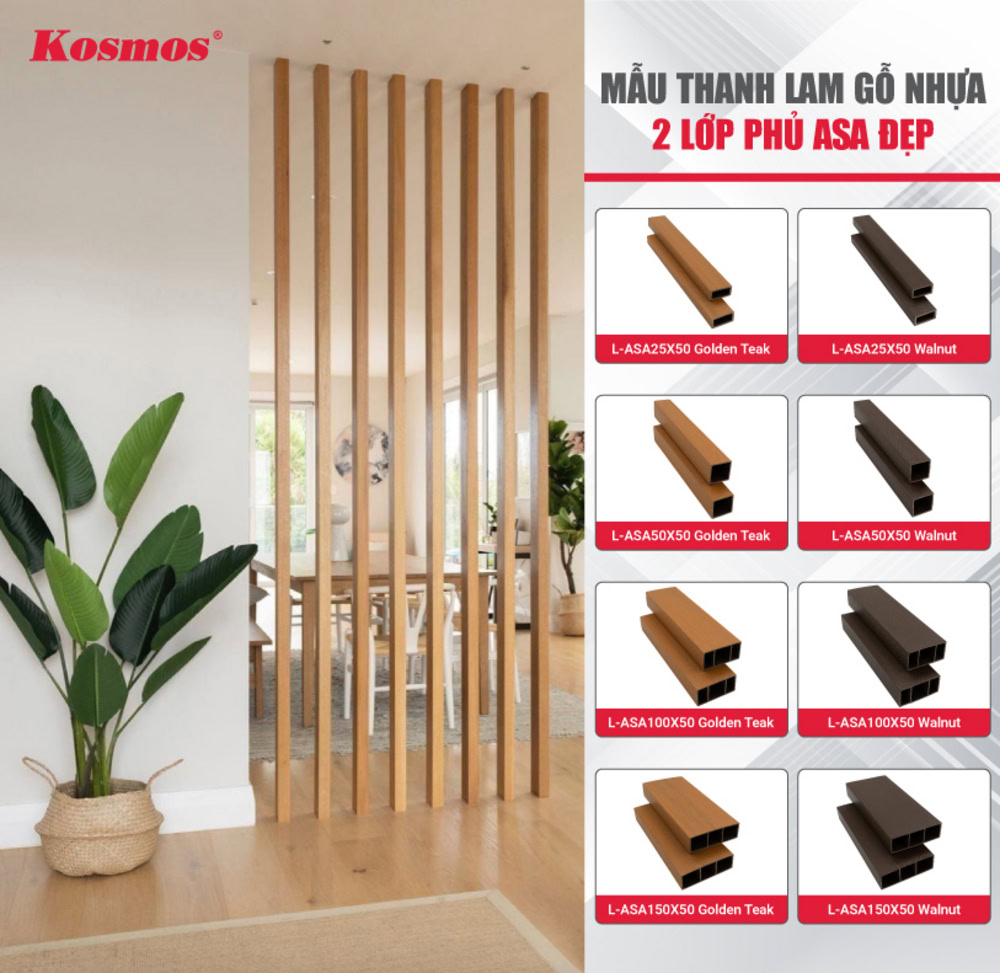 Mẫu thanh lam gỗ nhựa 2 lớp phủ ASA làm vách ngăn đẹp Mẫu thanh lam gỗ nhựa 2 lớp phủ ASA làm vách ngăn đẹp