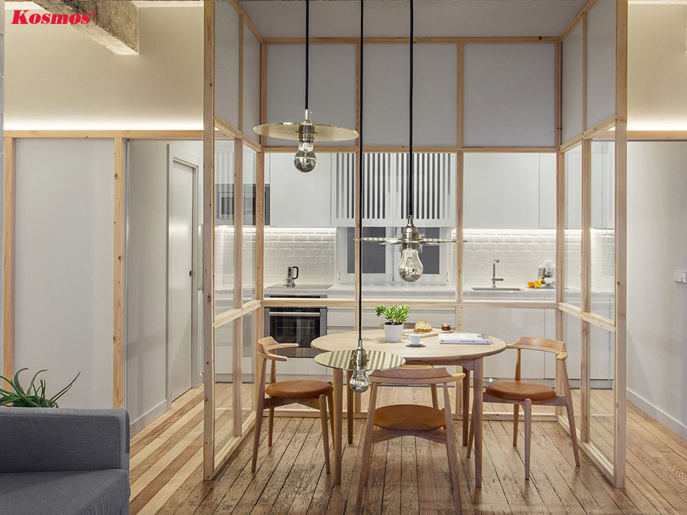 Mẫu vách ngăn nhà bếp làm bằng gỗ kính