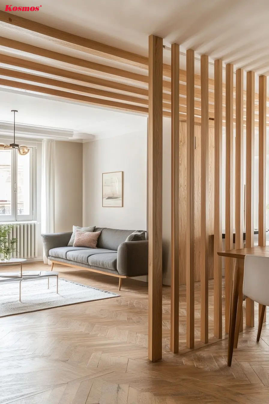 Mẫu vách ngăn phòng khách làm bằng lam gỗ