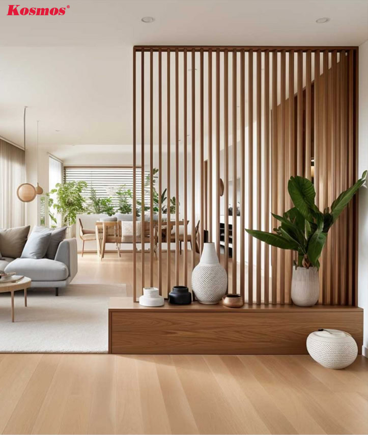 Mẫu vách ngăn phòng khách lam gỗ