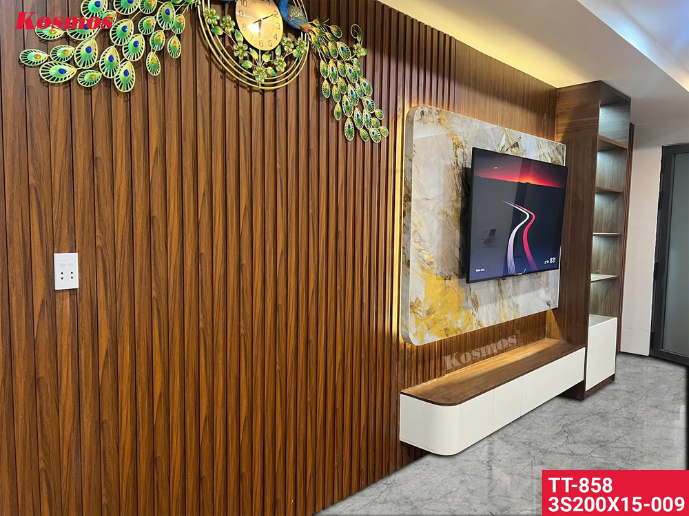 Mẫu vách tivi kết hợp tấm than tre vân đá và tấm ốp lam sóng