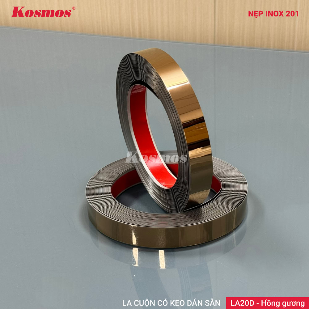 Nẹp la inox có keo dán sẵn LA20D-HG màu hồng gương
