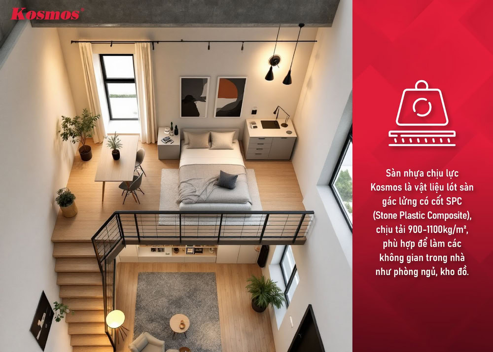 Sàn nhựa chịu lực Kosmos là vật liệu lót sàn gác lửng chịu tải 900-1100kg/m²