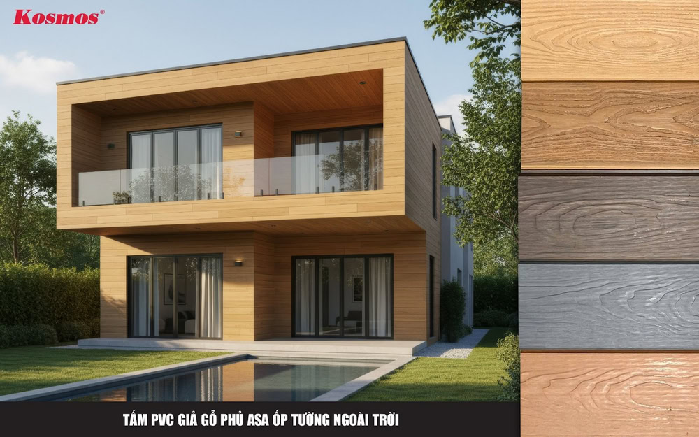 Tấm PVC giả gỗ phủ ASA ốp tường ngoài trời Tấm PVC giả gỗ phủ ASA ốp tường ngoài trời