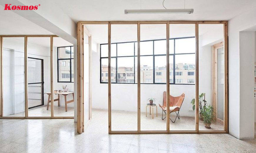 Thiết kế vách gỗ kính ngăn phòng đơn giản