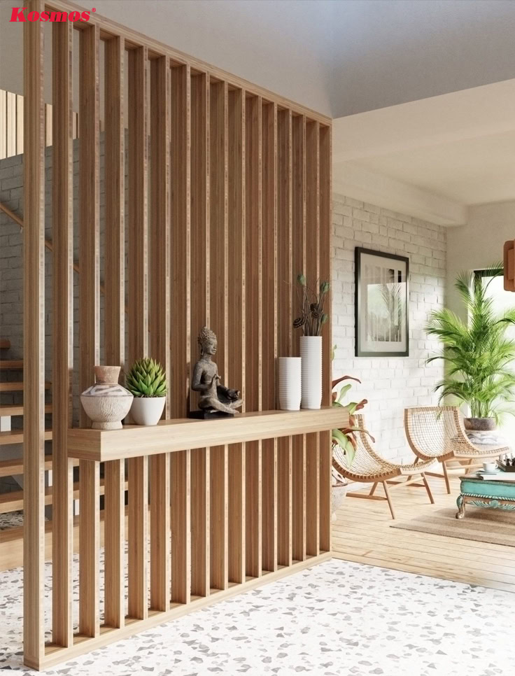 Thiết kế vách tường bằng lam gỗ có kệ trang trí