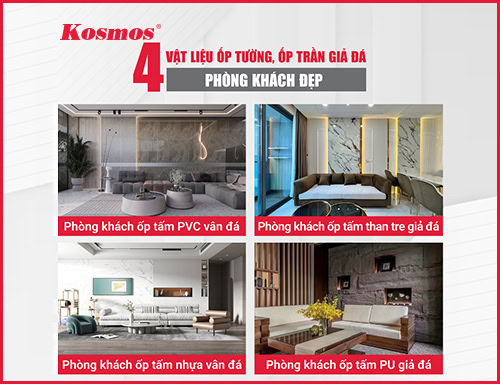 29+ Mẫu tấm ốp tường, ốp trần giả đá phòng khách đẹp