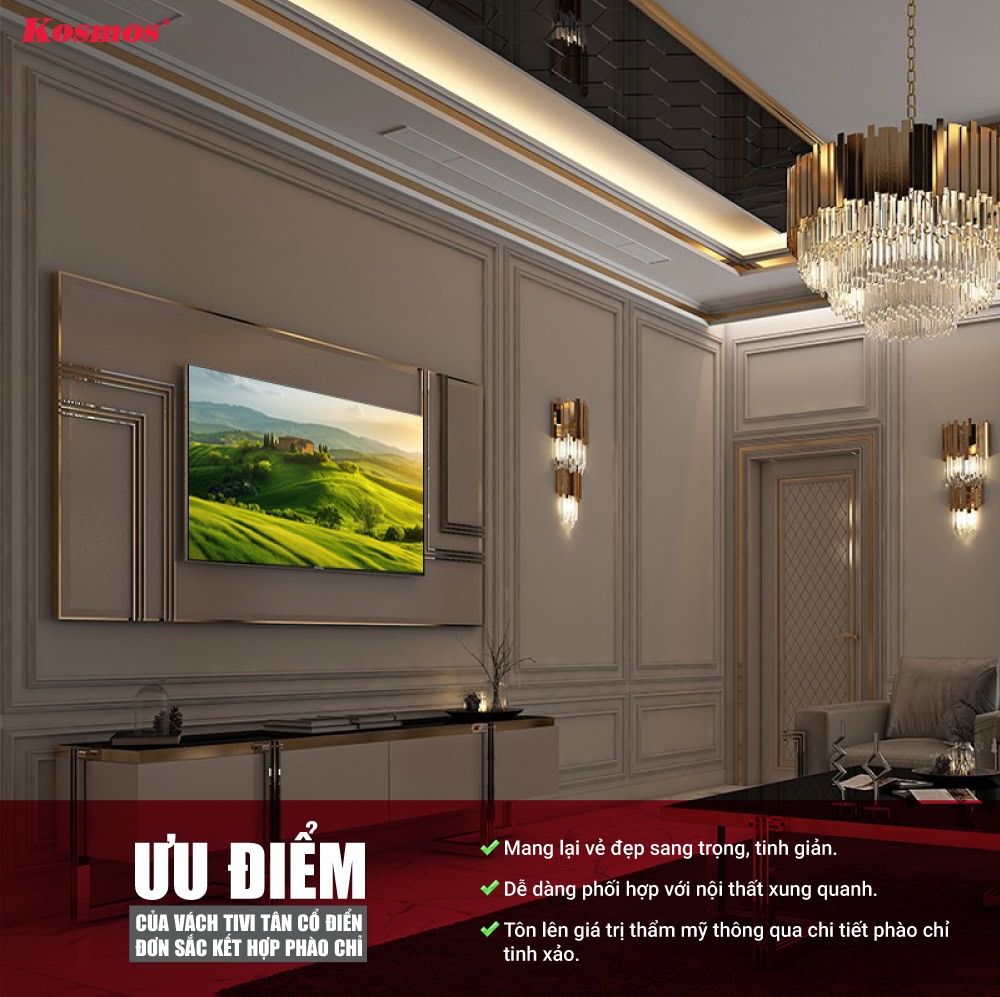Ưu điểm nổi bật của vách tivi tân cổ điển đơn sắc kết hợp phào chỉ