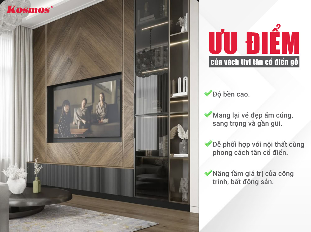 Ưu điểm nổi bật của vách tivi tân cổ điển gỗ