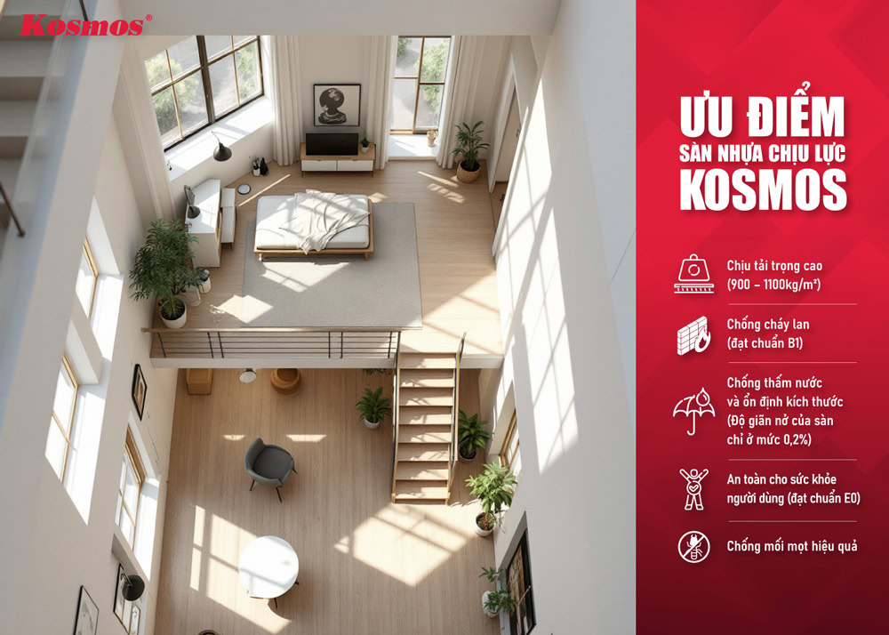 Ưu điểm sàn nhựa chịu lực lót sàn gác lửng Kosmos