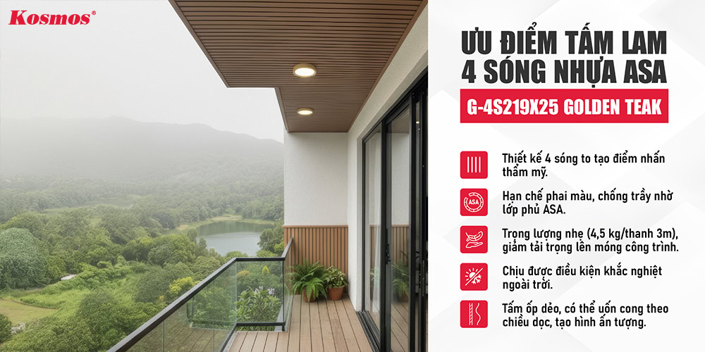 Ưu điểm tấm lam 4 sóng nhựa ASA G-4S219X25 màu Golden Teak Ưu điểm tấm lam 4 sóng nhựa ASA G-4S219X25 màu Golden Teak
