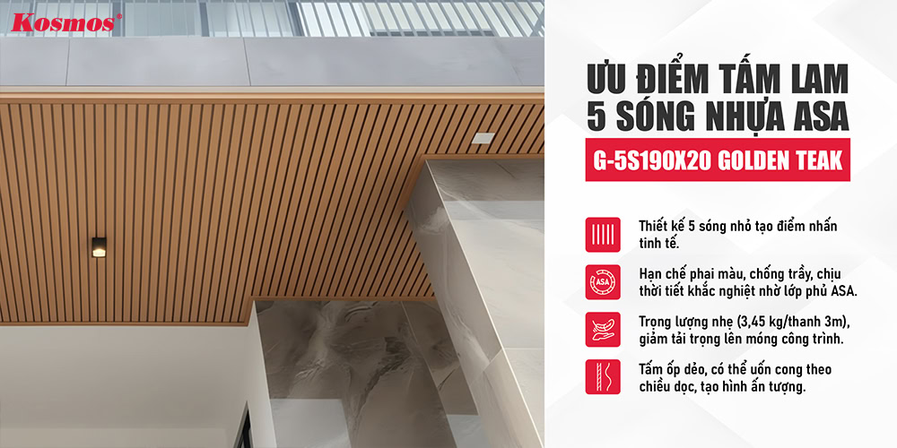 Ưu điểm tấm lam 5 sóng nhựa ASA G-5S190X20 màu Golden teak Ưu điểm tấm lam 5 sóng nhựa ASA G-5S190X20 màu Golden teak