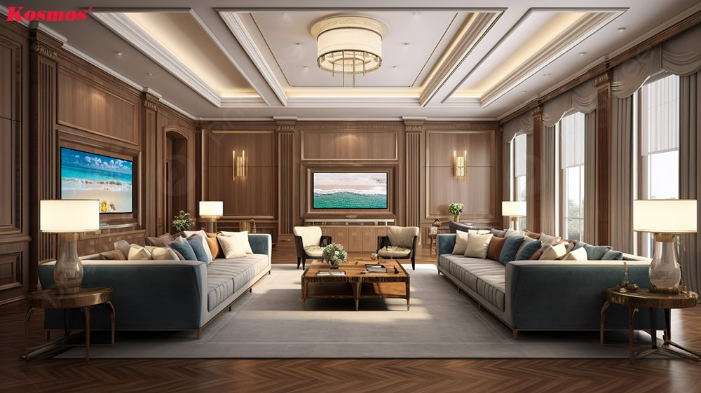 Vách tivi tân cổ điển giúp không gian phòng khách thêm sang trọng