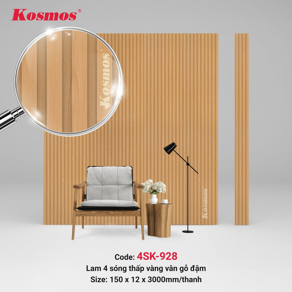 Yếu tố làm nên sự khác biệt của tấm lam sóng Kosmos mã 4SK-928 là bề mặt vàng vân gỗ đậm Yếu tố làm nên sự khác biệt của tấm lam sóng Kosmos mã 4SK-928 là bề mặt vàng vân gỗ đậm