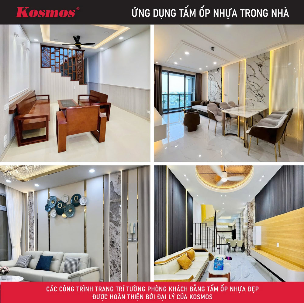 Các công trình trang trí tường phòng khách bằng tấm ốp nhựa đẹp được hoàn thiện bởi Đại lý của Kosmos