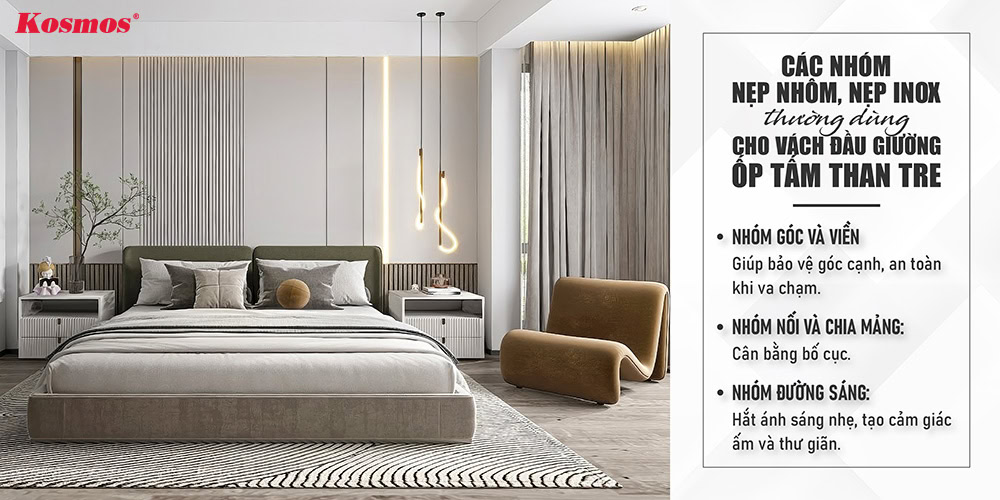 Các nhóm nẹp nhôm, nẹp inox thường dùng cho vách đầu giường ốp tấm than tre Các nhóm nẹp nhôm, nẹp inox thường dùng cho vách đầu giường ốp tấm than tre