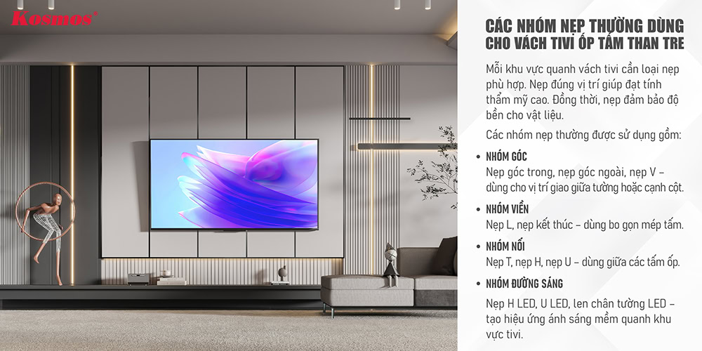 Các nhóm nẹp thường dùng cho vách tivi ốp tấm than tre Các nhóm nẹp thường dùng cho vách tivi ốp tấm than tre