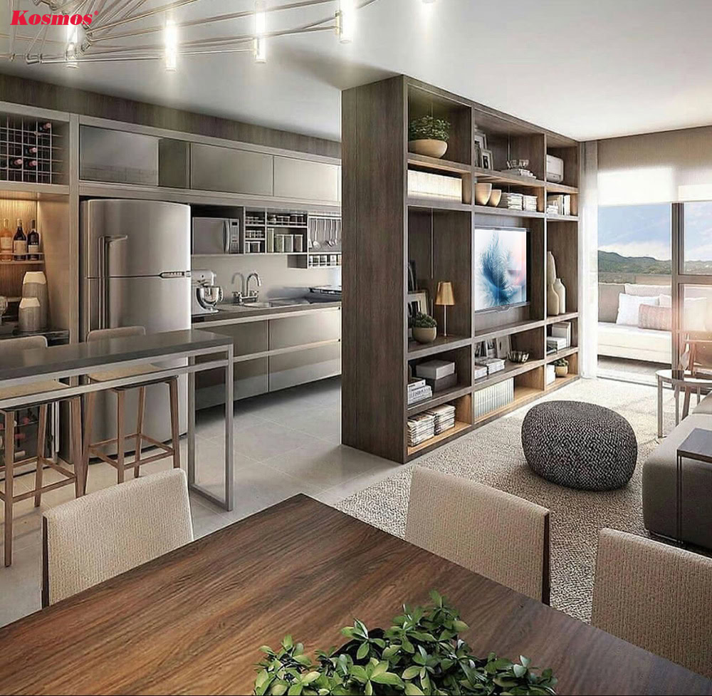 Căn hộ hiện đại ngăn phòng khách bằng vách tivi gỗ đẹp