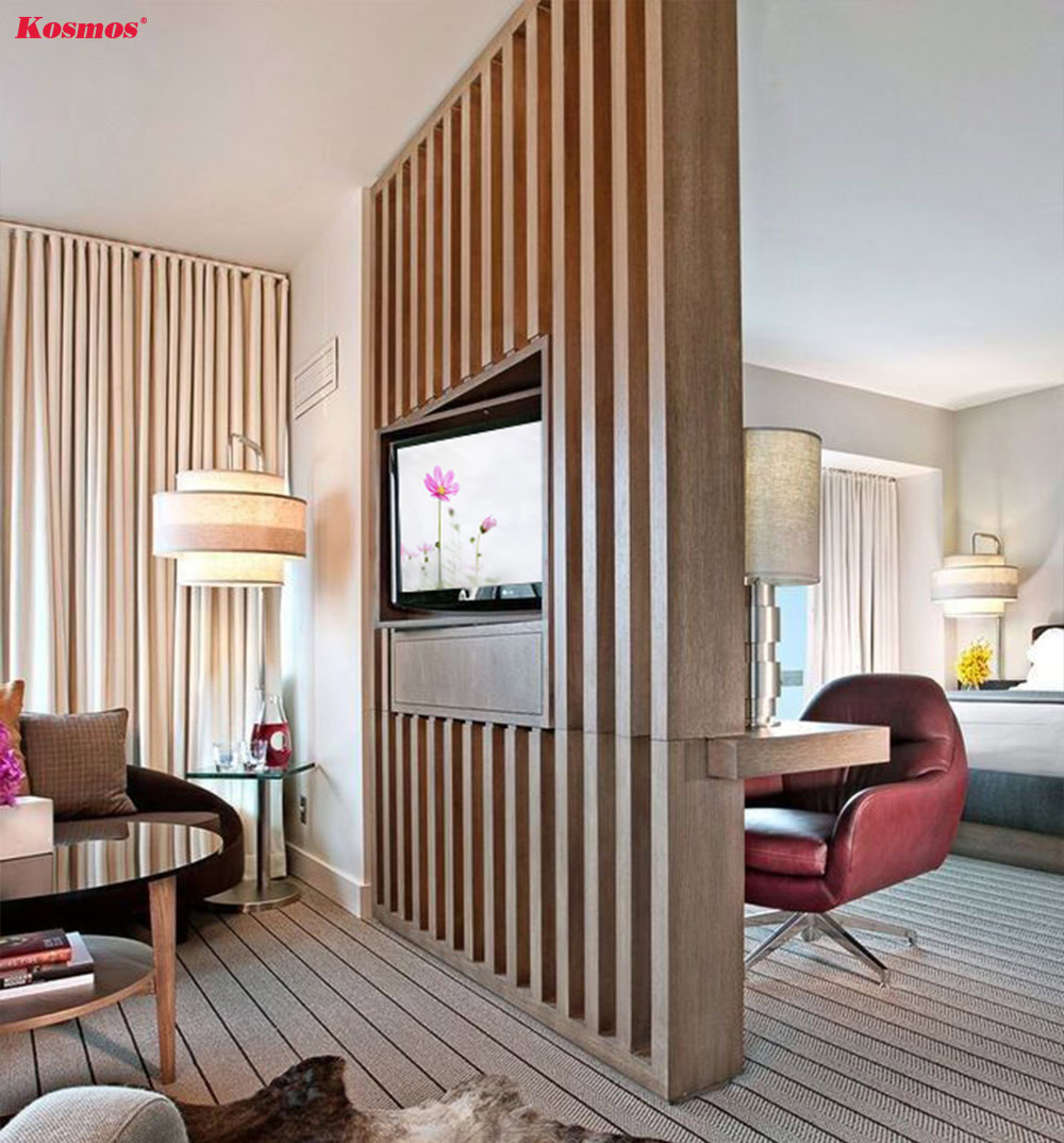 Chia không gian phòng khách và phòng ngủ bằng vách tivi gỗ