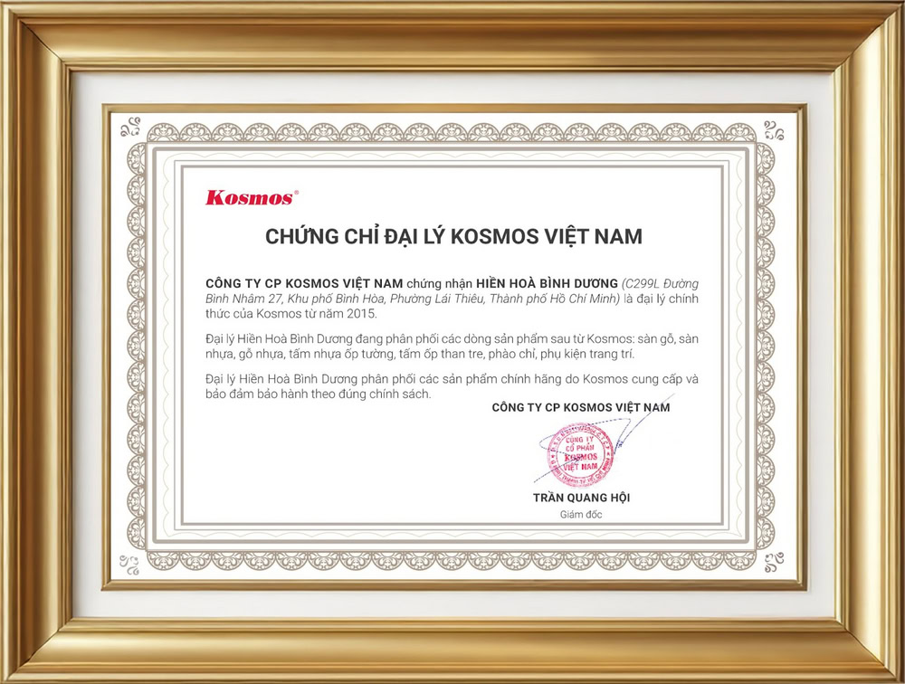 Chứng chỉ chứng nhận Hiền Hòa Bình Dương là đại lý Kosmos tại Thành phố Hồ Chí Minh