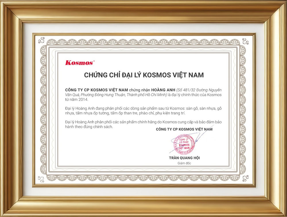 Chứng chỉ chứng nhận Hoàng Anh là đại lý Kosmos tại Thành phố Hồ Chí Minh